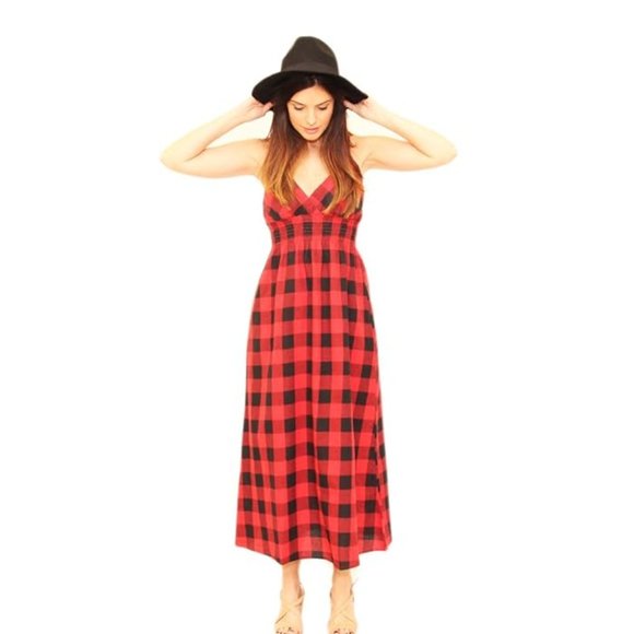 She's Cool - Buffalo Check Bra Cup Midi Dress - Red/ Black Buff - Picture 2 of 7